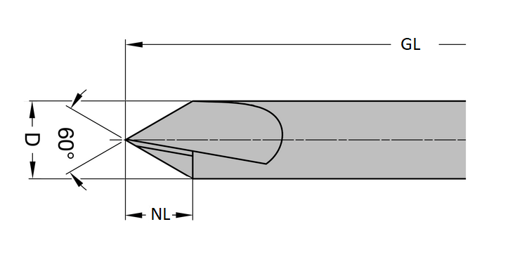 VHM Ausspitzfräser Z2 60°, D=16mm, NL=14mm, GL=120mm, S=16mm, R