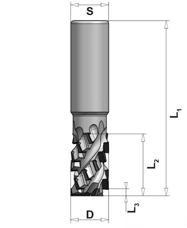 DP Spiralschaftfräser Z3+3, D=25mm, L1=115mm, L2=40.7mm, L=4.1mm, S=25mm, re