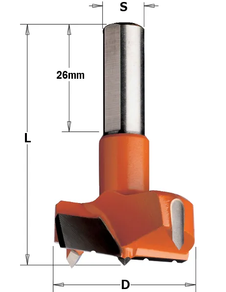 HW Beschlagbohrer mit Spanbrecher, D=45mm, GL=57.5mm, S=10x26mm, R