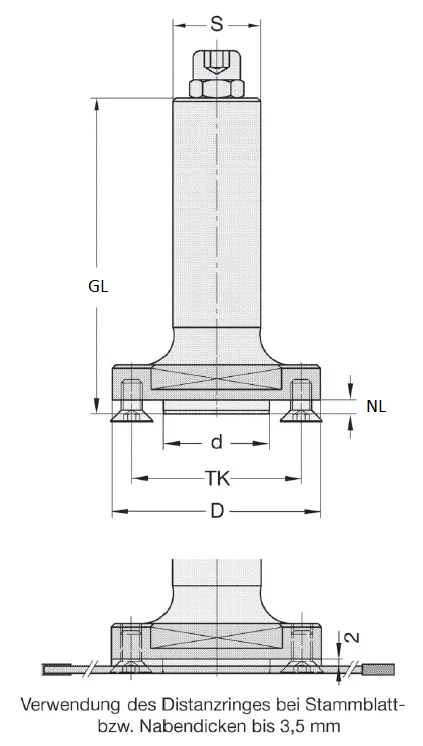 Fräsdorne (Zylinderschaft), D=50mm, Spann-ø=22mm, TK=36mm, GL=90mm, S=25mm