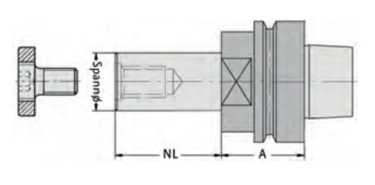 Fräsdorne mit Kegelhohlschaft (HSK-F 63 - mit Mitnehmer- und 2 Gewindebohrungen), Spann-ø=30mm, NL=40mm, A=45mm, GL=110mm