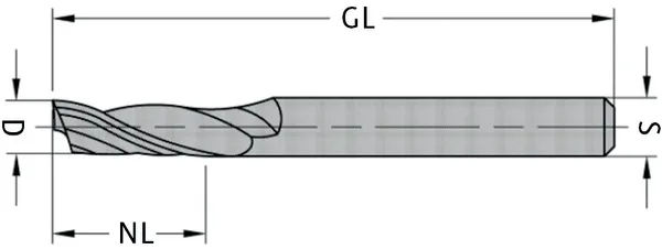 VHM Einzahn-Schlichtfräser Z1, D=5mm, NL=20/35mm, GL=90mm, S=8mm, RL