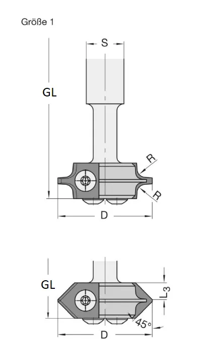 WPL Abrund- / Fasefräser Set Z2, Gr.1, D=40mm, GL=100, S=16mm, R