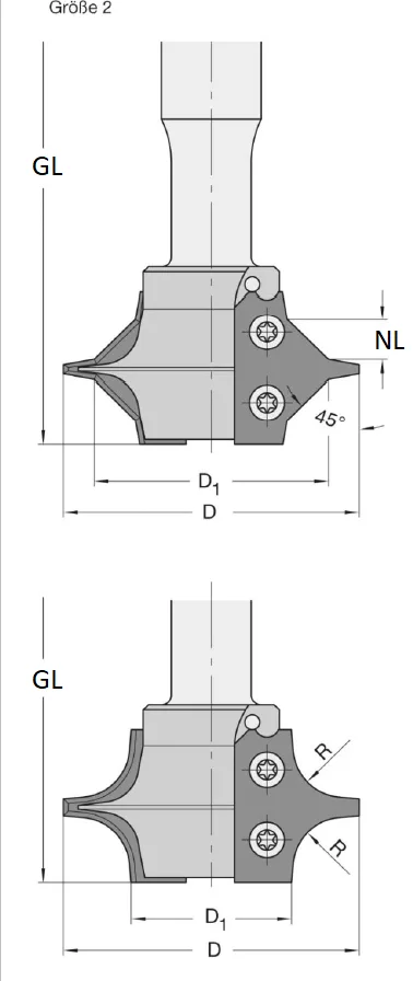 WPL Abrund- / Fasefräser Set Z2, Gr.2, D=60mm, GL=120, S=20mm, R