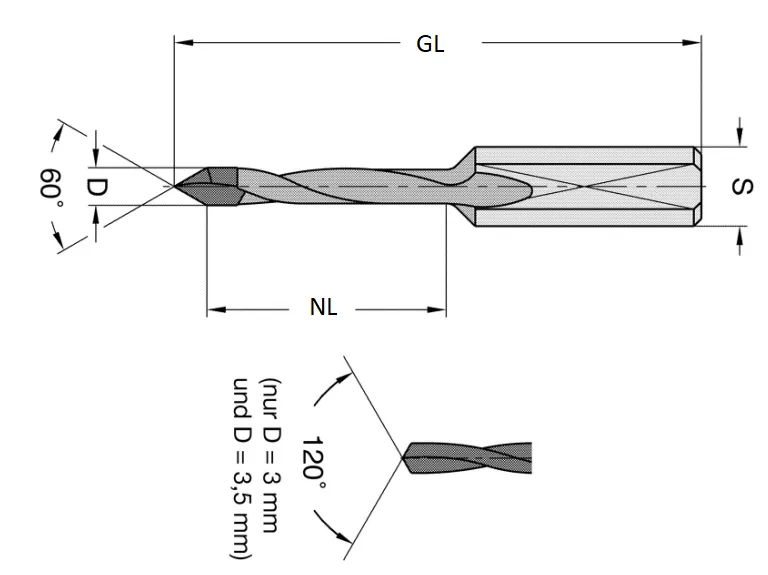 VHM Dübelbohrer, D=3mm, NL=27mm, GL=70mm, S=10x33mm, L