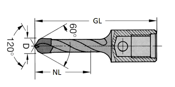 HW Dübelbohrer mit Innengewinde, D=5mm, NL=28mm, GL=61mm, IG M10, R