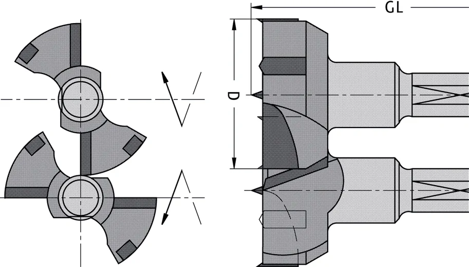 HW Doppeltopfbandbohrer Z2+2, D=34mm, GL=57.5mm, S=10x26mm, R, Weinig-Unirex, Weinig Conturex, Koch