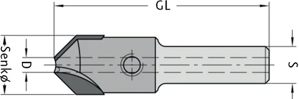 HW Versenker mit Schaft 90° Z2, D=15mm, d=3.5mm, GL=60mm, S=10x30mm, R