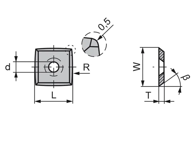 HW Vorschneider 4-schneidig ER0.5, R150, 30°, 13.8x13.8x2.5mm, KCR08