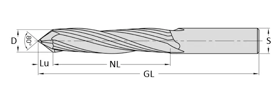 VHM Bohrfräser f. Drückerloch Z2, D=16mm, NL=51mm, Lu=9mm, GL=120mm, S=16mm, RL