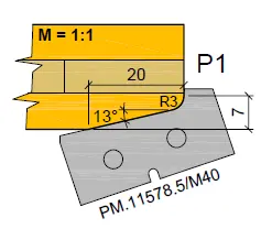 HW Profilmesser P1 zu WPL Möbeltür Aussenumfräsung (C001-1, C001-2), 35x16.3x2mm