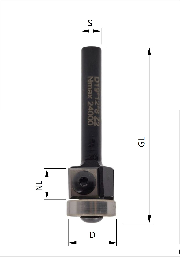 WPL Bündigfräser m. Achswinkel Z2, D=19mm, NL=12mm, GL=65mm, S=8mm